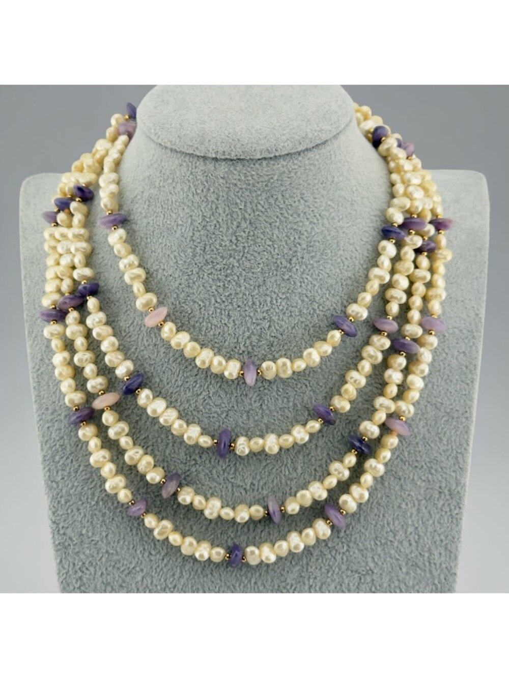 Vintage Faux Pearl Opera Multi Strand Necklace Purple Glass Gold Tone Beads